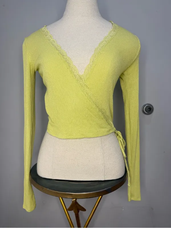 Urban Outfitters Lime Green Ribbed Lace-Trim Wrap Sweater - Image 2