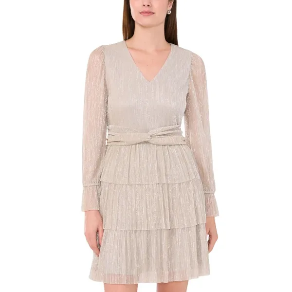 NWT 1. STATE Womens Metallic Crinkled Tiered V-Neck Dress Silver Gray / Gold XS - Image 3