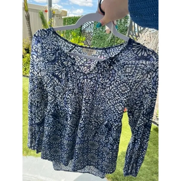 Style&Co Blue Medallion Print‎ Boho Peasant Blouse Tassel Tie Babydoll Top Small - Image 3