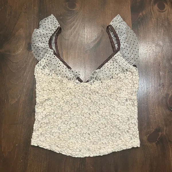 Free People Lace Crop Top Large Cream Brown Polka Dot Ruffle Romantic Shabby - Image 3