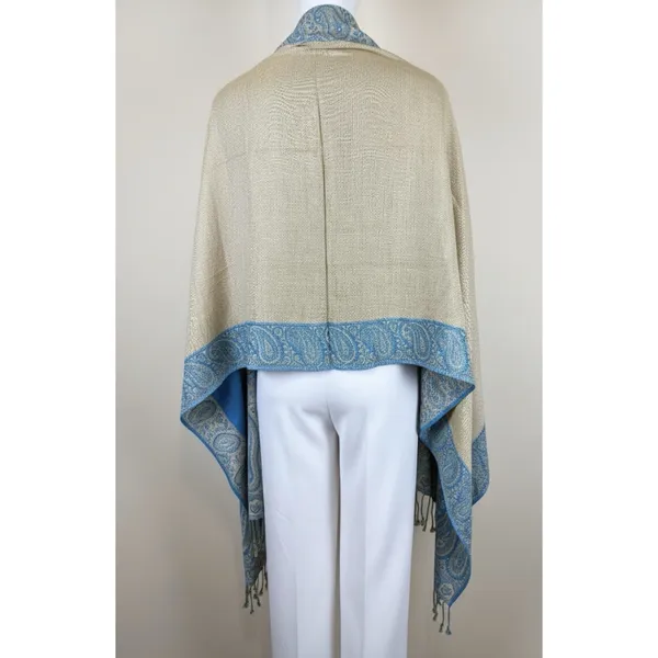 Pashmina Blue Paisley-Patterned Reversible Woven Wrap Fringed Shawl - Image 3