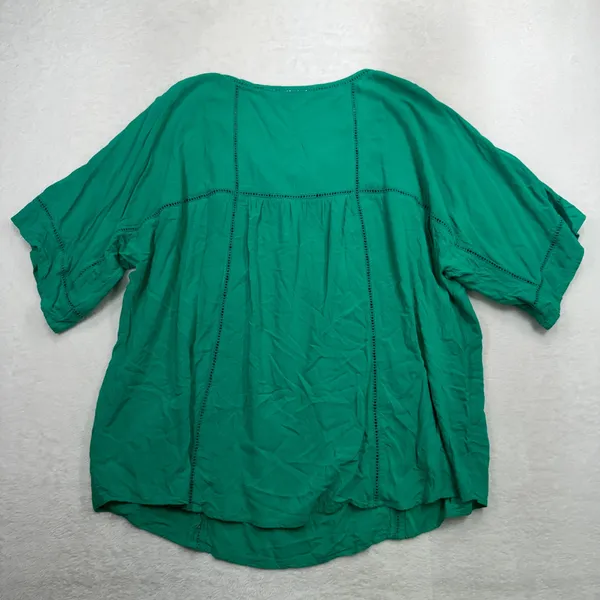 Chico's Size 3 XL Blouse Peasant Boho Green Crochet Trim Rayon Short Sleeve Top - Image 11