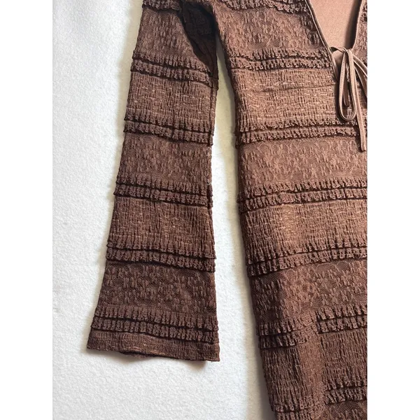 Brown Lace Ruffle Tiered Maxi Dress V-Neck Long Sleeve M - Image 4
