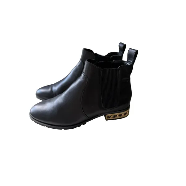 Karl Lagerfeld Paris Black Leather Chelsea Booties Gold Chain Lug Sole 7.5 - Image 7