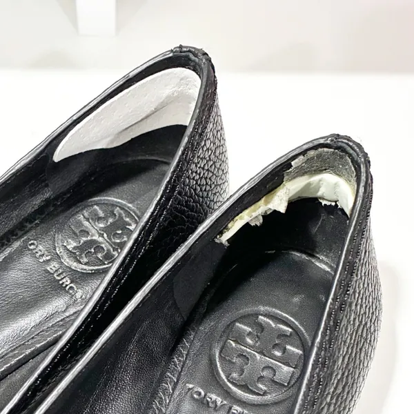 Tory Burch Amanda Demi Wedge Black Open Toe Leather Logo Size 6.5‎ - Image 5