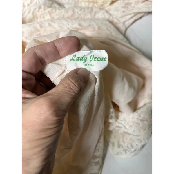 Vintage Lady Irene Lace Ruffle Peignoir Robe L Ivory Pink Ribbon Nylon Nightgown - Image 8