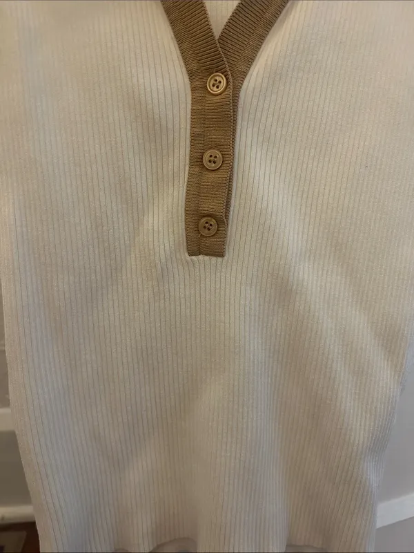 Grey Lab Ribbed Sleeveless Polo Tank Top - Cream with Tan Collar S - Image 2