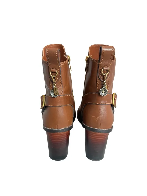 Coach Saddle Tan Leather Moto Buckle Heeled Ankle Booties Biker Size 8.5 Women's - Image 3