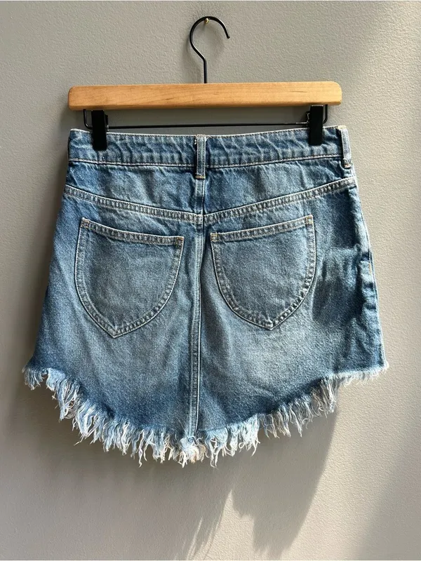 Free People We the Free Frayed Hem Denim Skirt Asymmetrical Seam Size 26 Cotton - Image 4