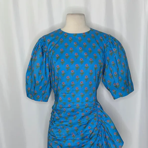 AUREUM Ruched Sash Blue Floral Mini Dress Puff Sleeves Ruching Ruffle Small - Image 3