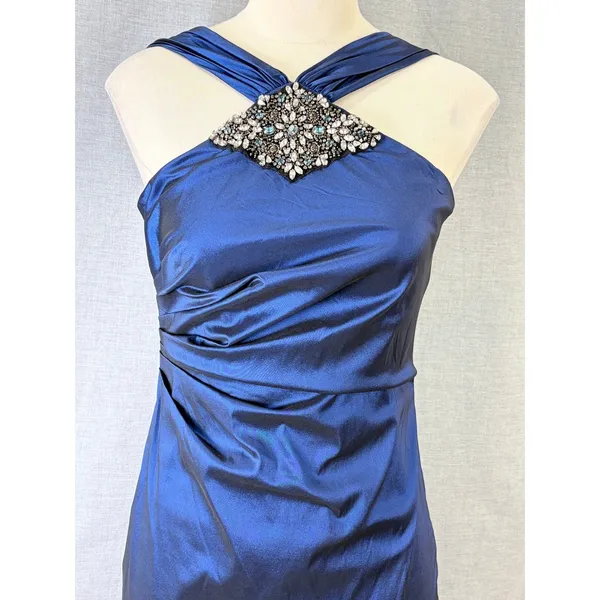 David Meister Sapphire Blue Jewel Embellished‎ Halter Mermaid Gown 4 - Image 2