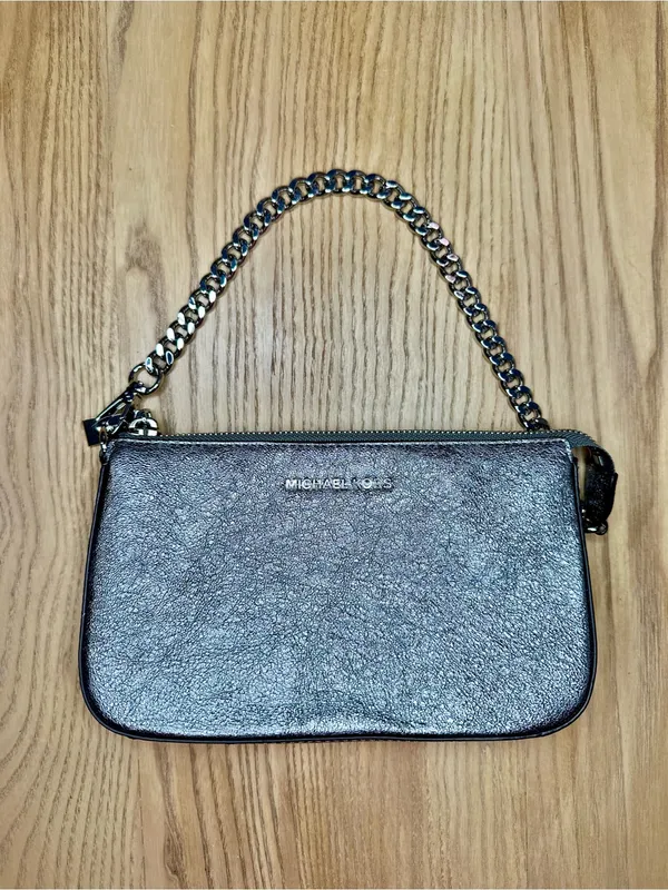 Michael Kors Pouchette Wrislet Gunmetal Metallic Leather Silver Chain Strap - Image 3