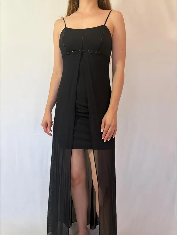 Vintage Blondie Nites Black Rosette Mesh Overlay High Low Evening Gown - Image 2