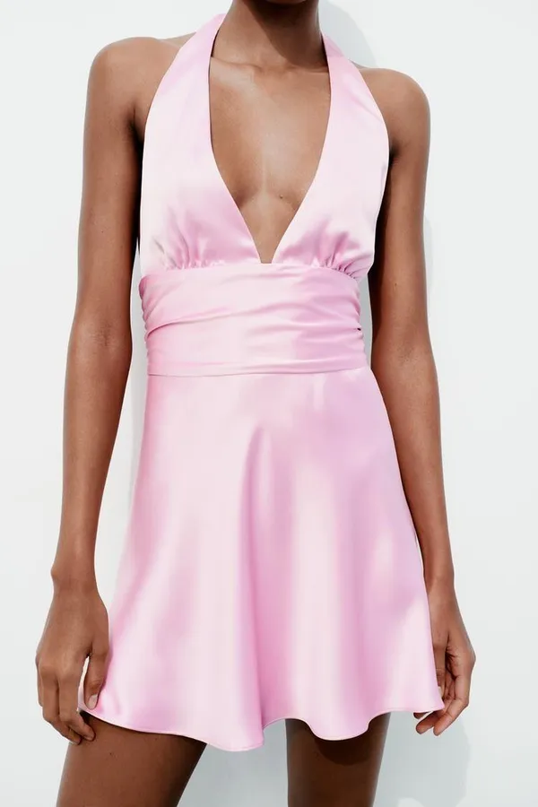 Zara dress mini halter pink satin bow wedding party coctail bridal shower evening - Image 9