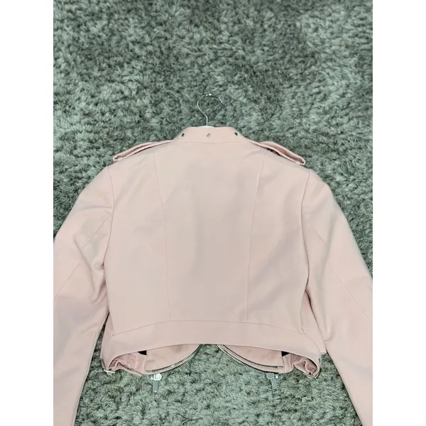 Zara Women’s Pink Cropped Moto Jacket Asymmetric Zip Biker Jacket Size XS - Image 9
