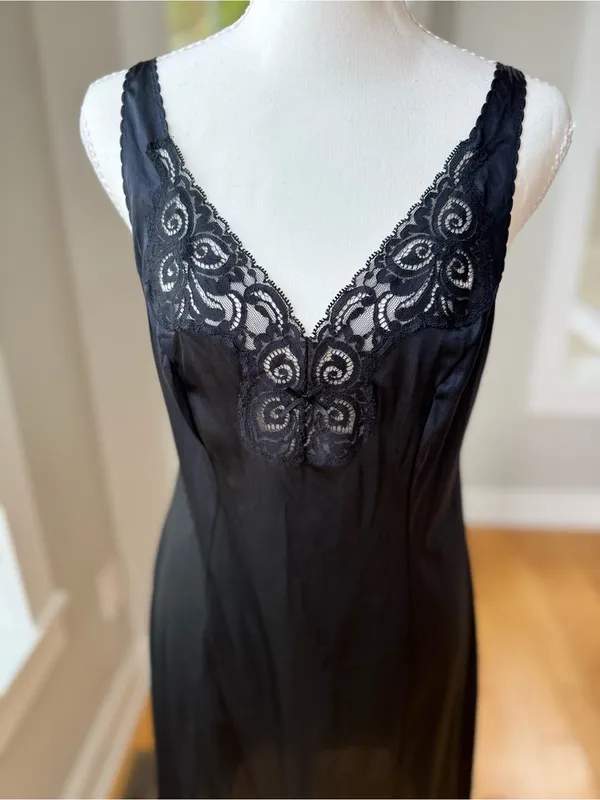 Vintage Bali Black Lace Trim Satin Chemise Slip Dress Size 34 - Image 2