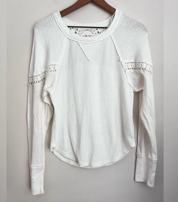 Free People White Luella Textured Thermal Top long sleeve eyelet peasant boho S - Image 3