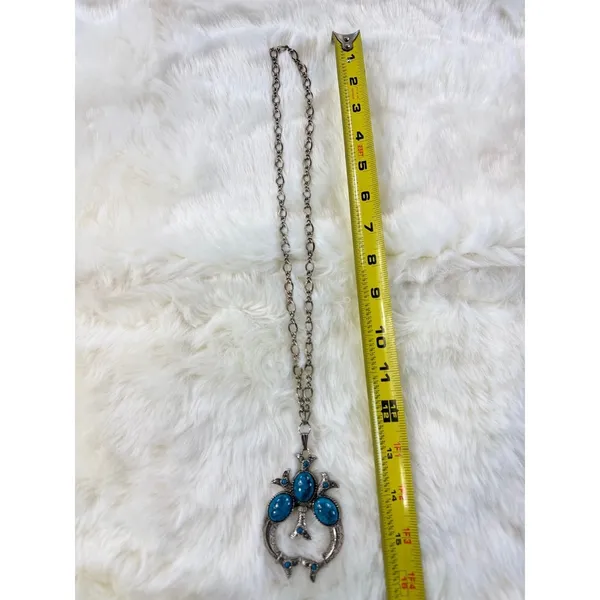 Turquoise vtg Gemstone Southwestern Style Pendant Necklace Silver‎ Tone - Image 4