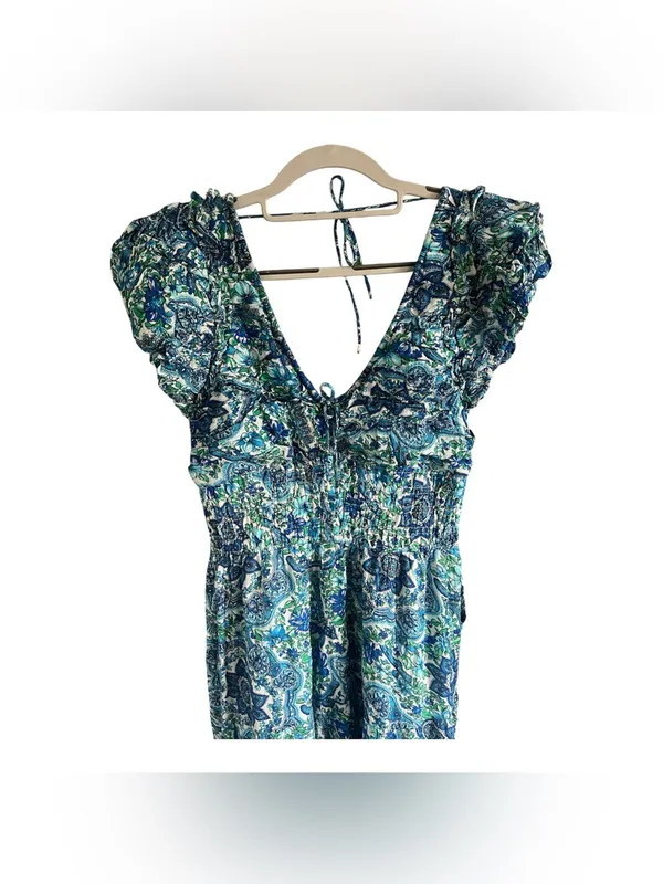 House of Harlow Blue Paisley Women’s dress with Ruffle Shoulders - Image 3