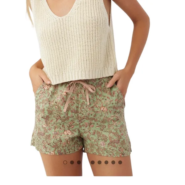 Viscose Oneill Fran Green Floral Print Drawstring Waist 4 Pocket Shorts Womens L - Image 2