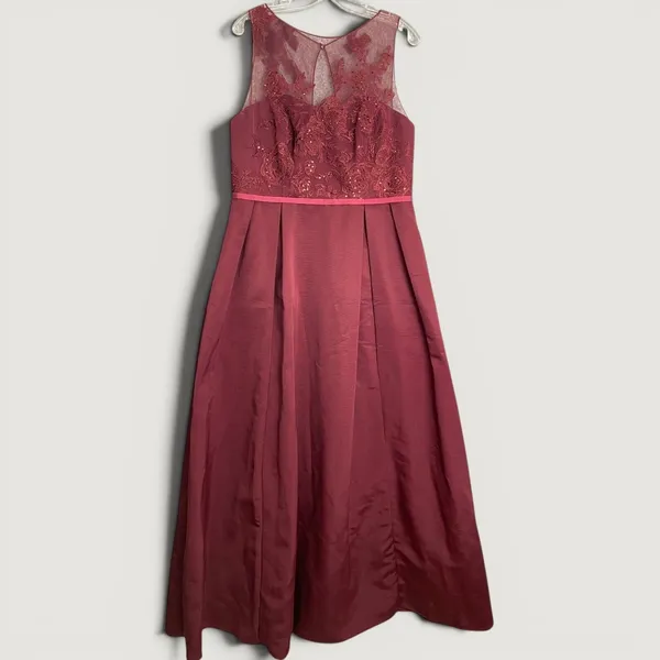 Oleg Cassini Burgundy Lace Illusion Bodice Formal Evening Gala Gown Dress 14 - Image 5