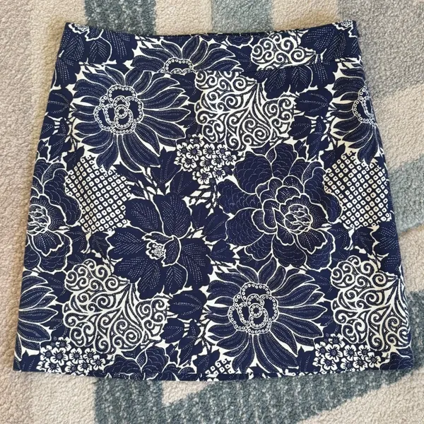 Talbots Navy Blue White Floral Cotton Blend Mini Skirt Tropical Summer Preppy 12 - Image 3