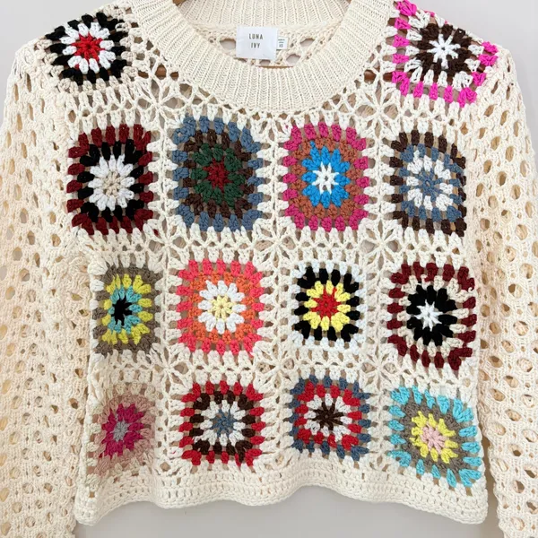 Luna Ivy Sweater Granny Square XS Cream Crochet Patchwork Boho Open Knit - Image 2