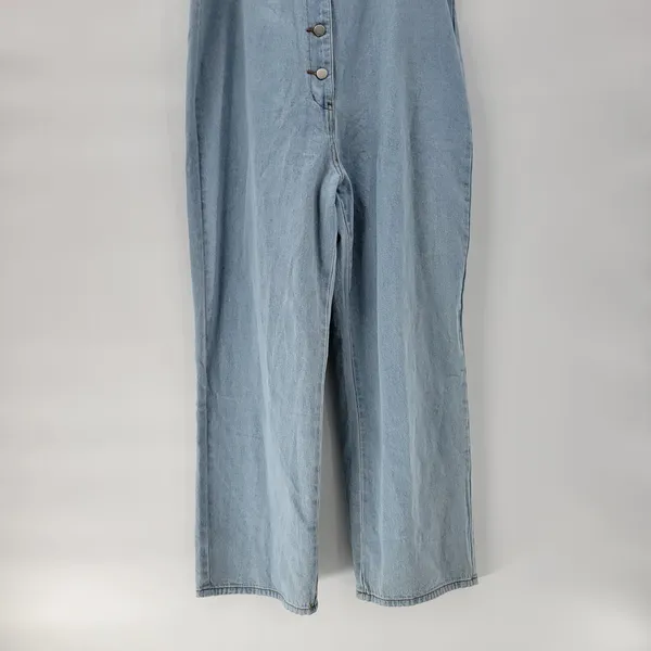 Polagram Overall Button Up Denim Jumpsuit Womens L Blue Light Wash Ruffle Straps - Image 13