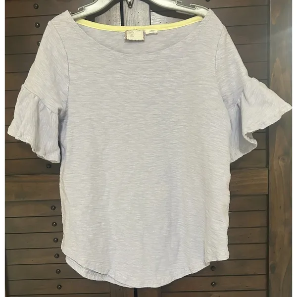 Anthropologie Postage Stamp Ruffle Sleeve Light Blue Curved Hem Cotton Top Small - Image 2