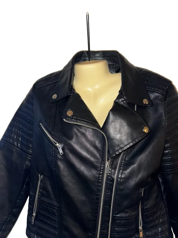 Classic Black Moto-Style Faux Leather Jacket - Women's Biker Coat - Image 6