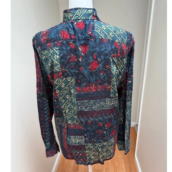 Lauren Ralph Lauren Button Up Shirt Women Navy Red Multi Patchwork Blouse Large - Image 5