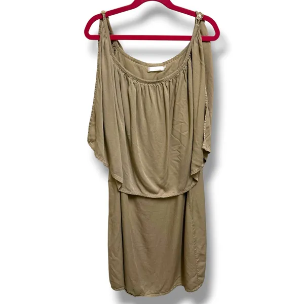 Indah Womens Tan Rayon Popover Mini Dress Flower Shell Buttons Size S Khaki Boho - Image 2