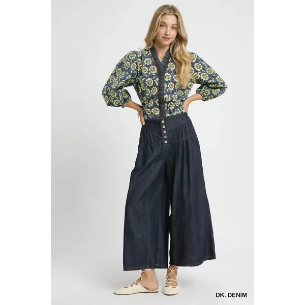 Umgee Stone Washed Wide-Leg Button-Front Culottes -‎ Large - Image 5