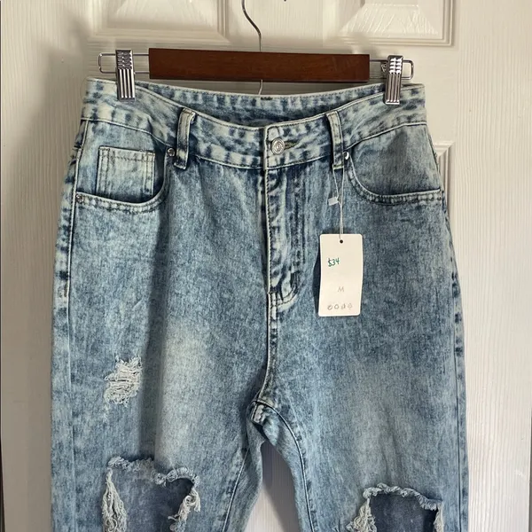 Trendy Light Blue Distressed Boho, Streetwear Flare Jeans - Image 2