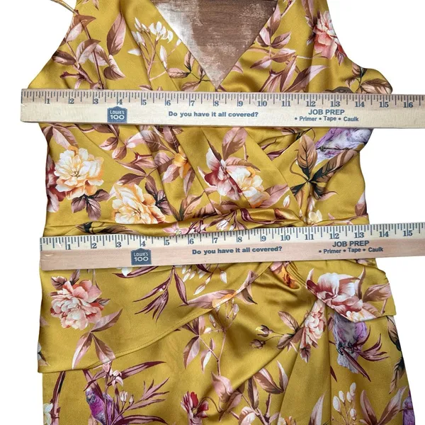 NWOT Express Satin Mustard Yellow Floral Bird Twist Front Tulip Midi Dress Small - Image 13