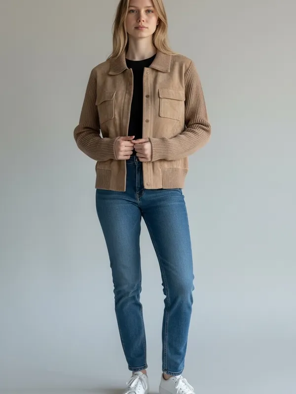 Kate Hill Taupe Suede & Knit Bomber Jacket - Image 8