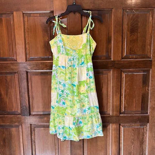 Lilly Pulitzer Patchwork Linen‎ Dress Size 4 Green Yellow Floral Tie Strap Lace - Image 4