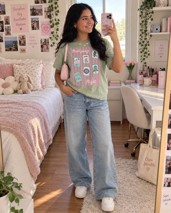 Mighty Fine Women’s Mahjong Night Oversized Graphic T-Shirt in sage green. - Image 2