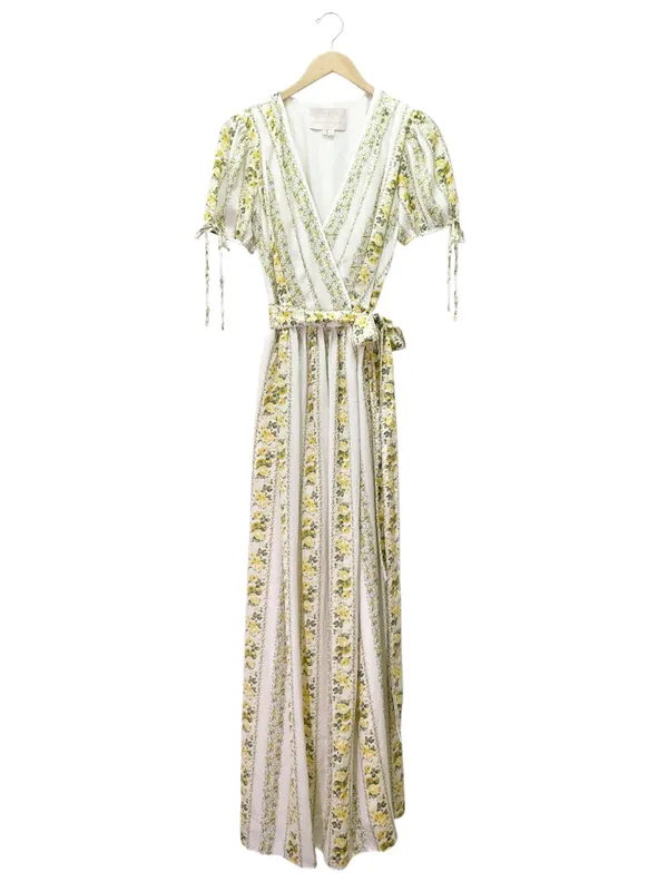 Gal Meets Glam Imogene Maxi Dress Sz 4 Yellow Floral Stripe Wrap Puff Sleeve GMG - Image 2