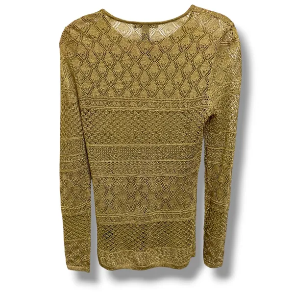 Lauren Ralph Lauren‎ Gold Metallic Pointelle Knit Crochet Sweater Top Womens M - Image 3