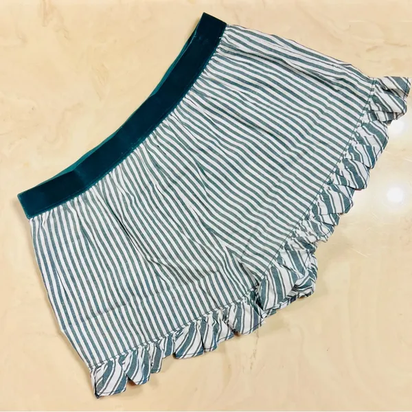 VS PINK Velvet Trim Ruffle Pajama Shorts Deep Forest Green & White Stripes SMALL - Image 4