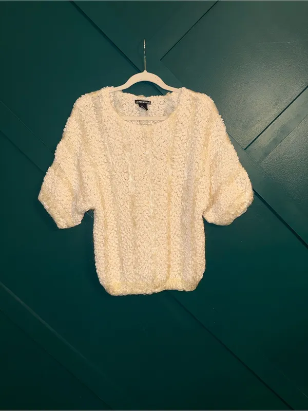 Lauren Michelle Cream Textured Puff-Sleeve Popcorn Knit Boucle Sweater Boho Chic - Image 2