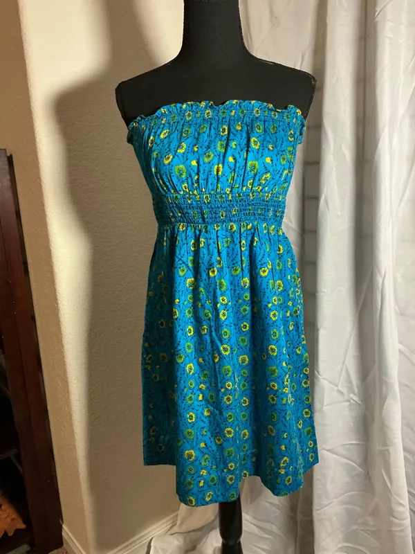 Free People Blue Floral Strapless Smocked Mini Dress Boho Summer - Image 3