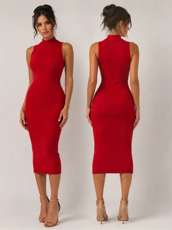 Red Ribbed Bodycon Mini Dress XS Sleeveless Mock Neck Stretch Fitted Chic - Image 2
