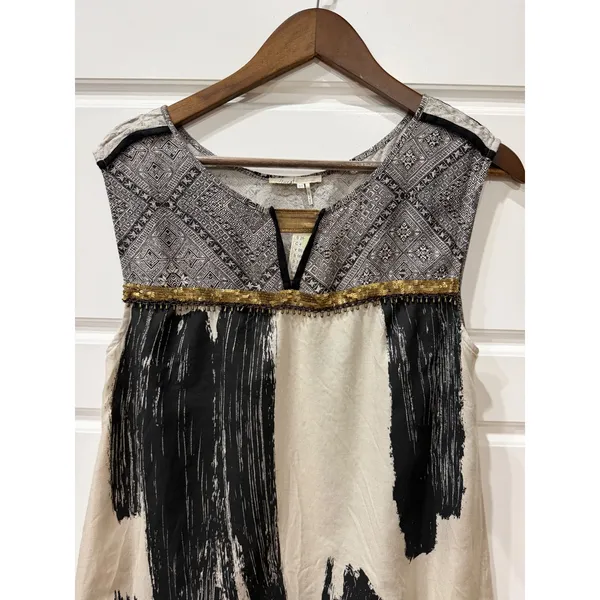 Anthropologie Floreat Cream Black Abstract Beaded Embellished Tunic Top Size 6 - Image 3