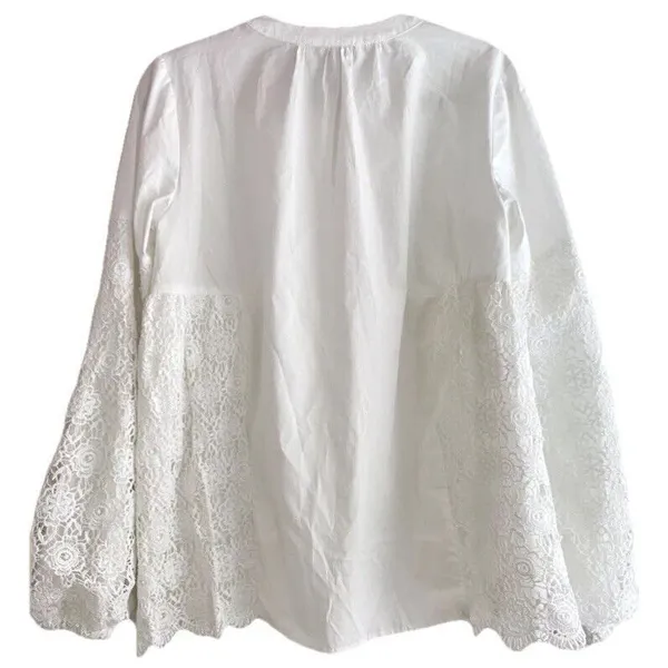 White Cotton Blouse with Floral‎ Lace Bell Sleeve Romantic Victorian Style Top - Image 2
