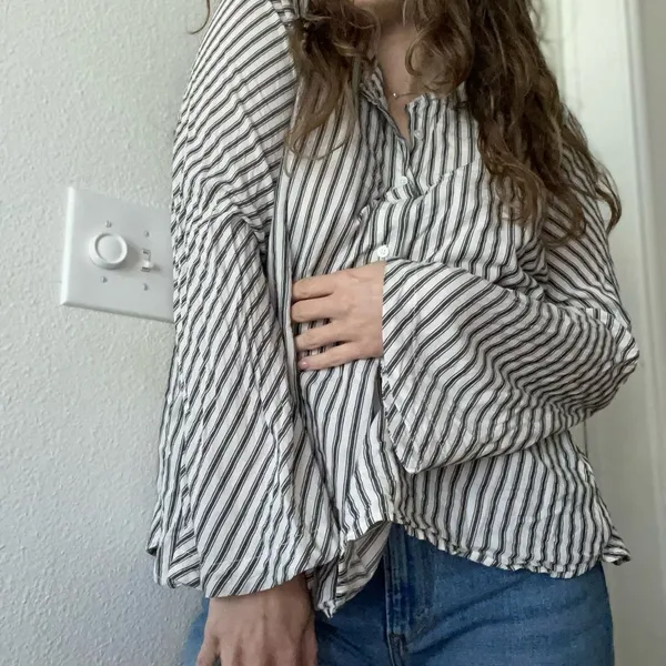 Madewell Brighton Striped Popover blouse top‎ Flare Sleeve size large - Image 3