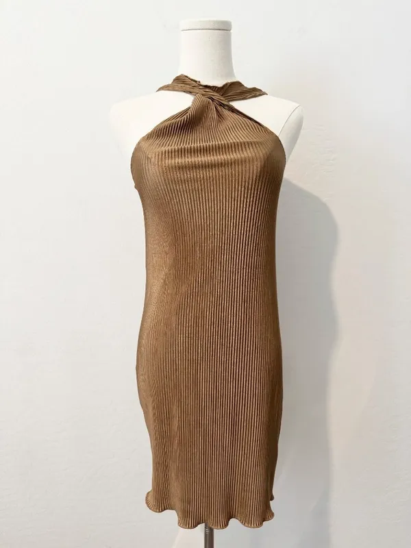 Song Of Style Pluto Dress Size Small Brown Satin Twist Ribbed Mini Romantic Chic - Image 3