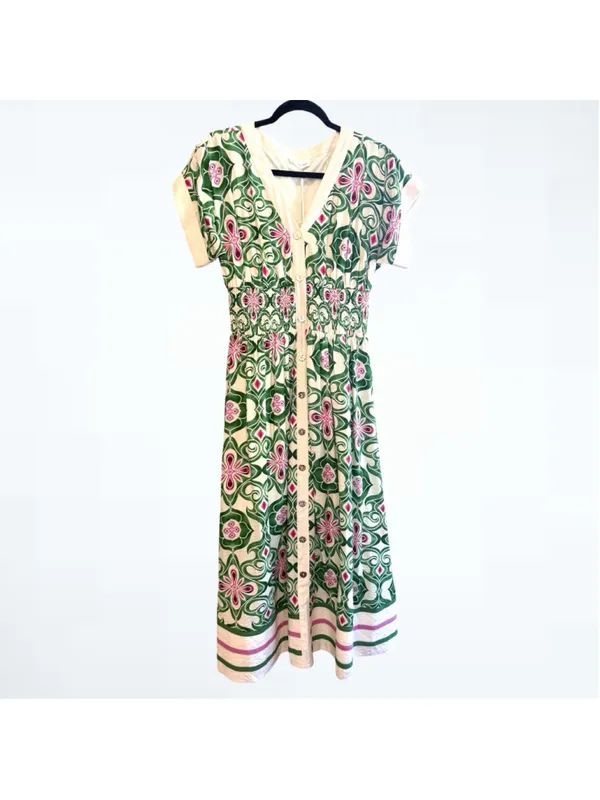Entro Women’s Botanical Cap Sleeve Midi Dress in Green Size S - Image 3