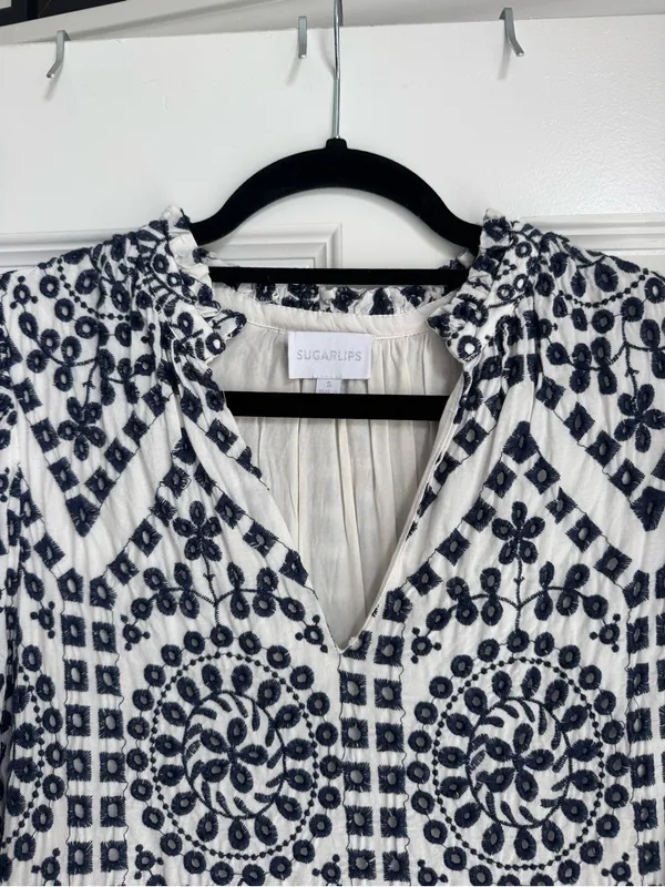 Embroidered Navy and White Tiered Mini Dress - Image 3